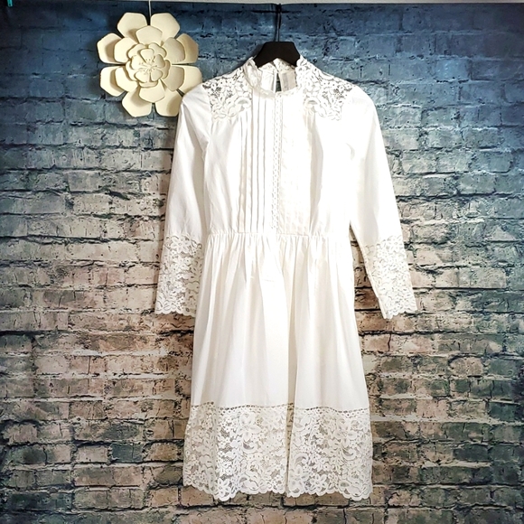 Sandro | Enja White Gypsy Boho Prairiecore Lace Trimmed Tea Dress - Picture 2 of 14